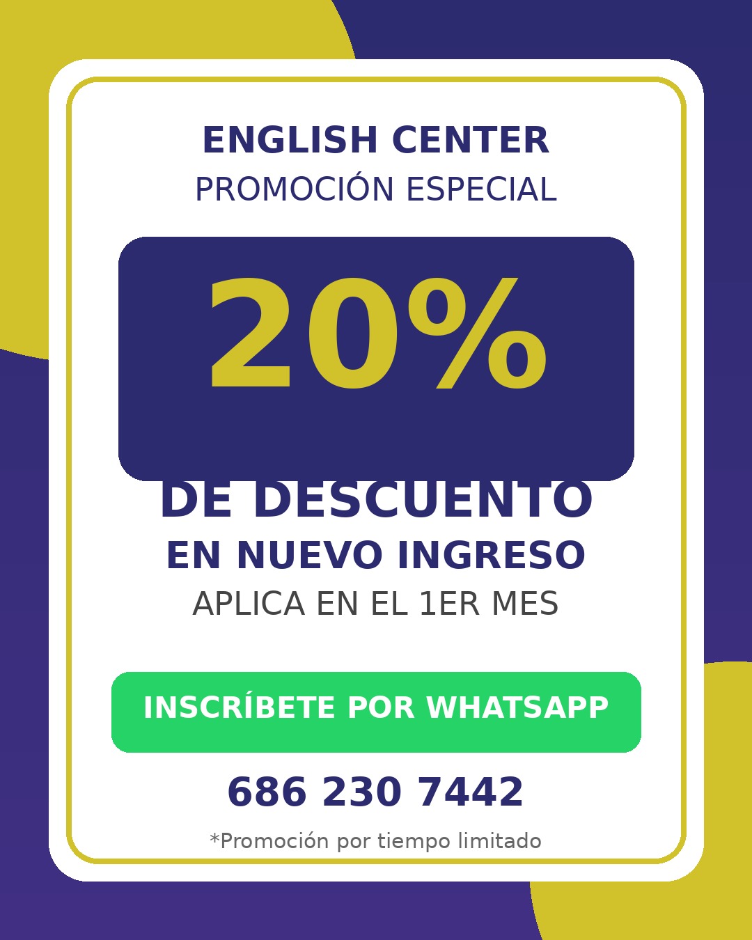 20% de descuento en nuevo ingreso en el primer mes